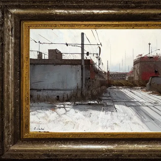 Image similar to painting of a abandoned post soviet town by jakub rozalski