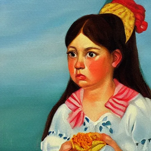 Prompt: taco girl with sad eyes. painting by margaret keene.