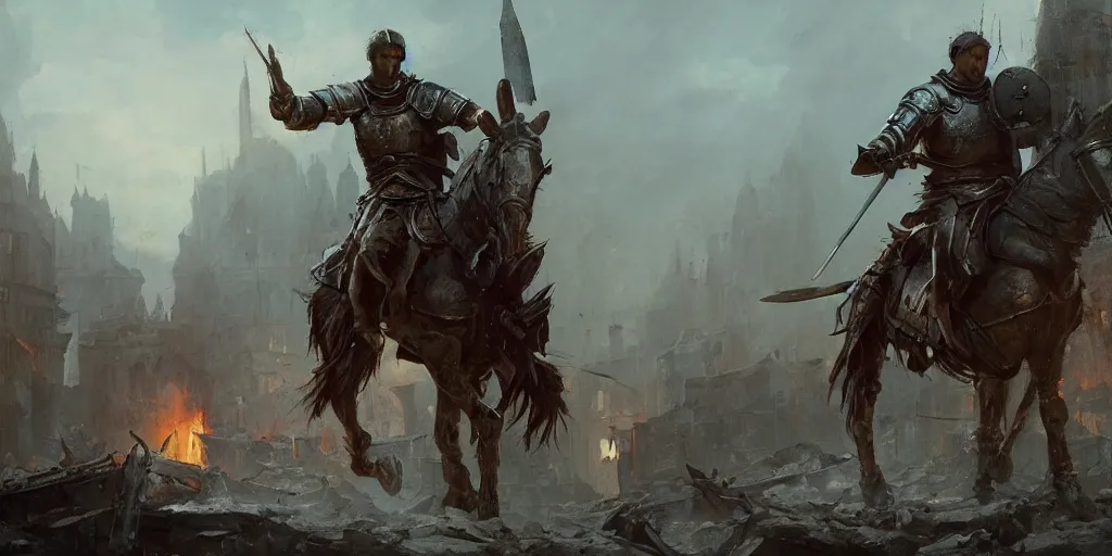 Image similar to a painting of a cinematic keyframe of a medieval knight warrior with his sword walking into a destroyed medieval town, with fire by greg rutkowski, rule of thirds, golden ratio, ambient lighting, wlop, artgerm, artstation, highly detailed masterpiece, dark fantasy art, high detail, trending on artstation