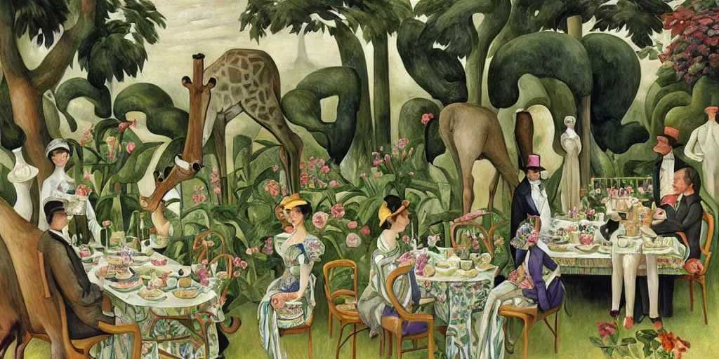 Image similar to elegant victorian tea party with giraffes in an english summer garden patio, diego rivera - h 7 6 8