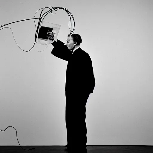 Image similar to a minimalist portrait of Marcel Duchamp holding computer cables in the style of Annie Leibovitz, Irving Penn, Hito Steyerl, Akira Kurosawa, Shinya Tsukamoto, wide angle, monochrome, futuristic tetsuo