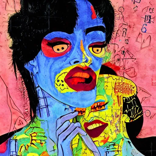 Image similar to beautiful painting of two bizarre psychedelic women kissing each other closeup in japan, speculative evolution, mixed media collage by basquiat and junji ito, magazine collage art, paper collage art, sapphic art, lesbian art