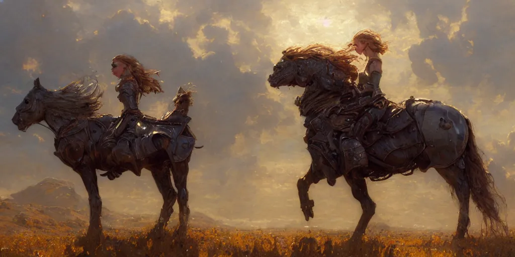 Image similar to portrait of girl medieval armor and one metal horse landscape of meadow poses by gaston bussiere, anna nikonova aka newmilky, greg rutkowski, yoji shinkawa, yoshitaka amano,, donato giancola, geoffroy thoorens, concept art, trending on artstation, featured on pixiv, cinematic composition, 8 k