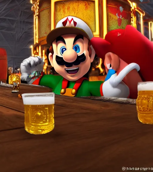 Prompt: an epic fantasy comic book style portrait painting of super mario drinking beer at the oktoberfest, party, studio ghibli, no red colour, unreal 5, daz, hyperrealistic, octane render, cosplay, rpg portrait, dynamic lighting, intricate detail, harvest fall vibrancy, cinematic