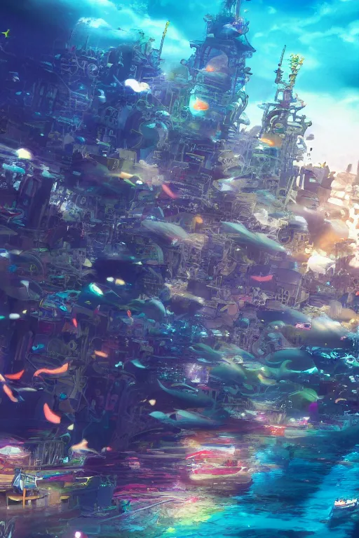 Image similar to a beautiful picture of a city under the sea ， fish shuttle, anime, detailed, 8 k