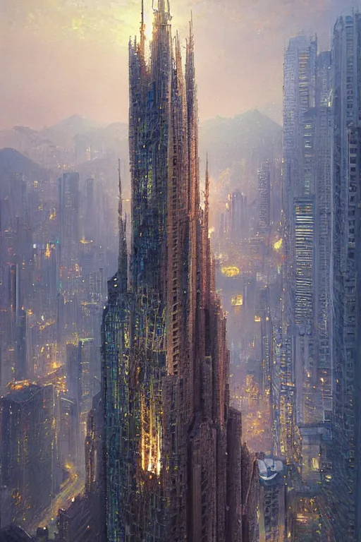 Prompt: A painting of a skyscraper designed by Antoni Gaudí in Hong Kong, by greg rutkowski and thomas kinkade