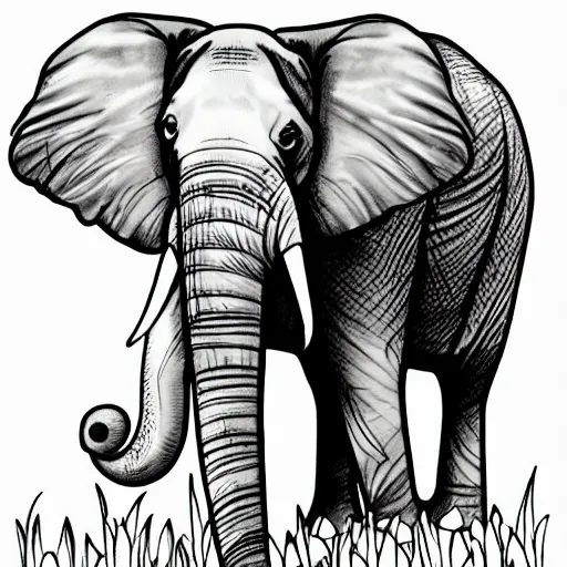 Image similar to an elephant with its two ears and its trunk in a meadow, colouring - in sheet, character art, sharp focus, highly detailed, artstation