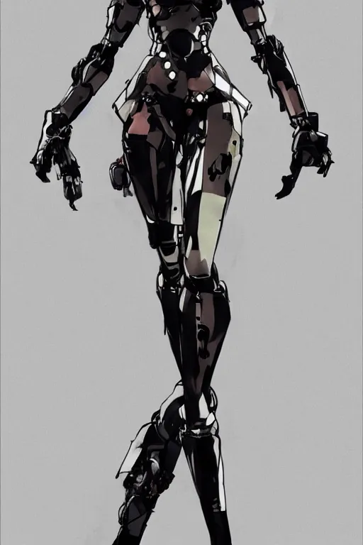 Prompt: feminine fashion robot character design by yoji shinkawa, sharp lines, highly detailed, full body shot