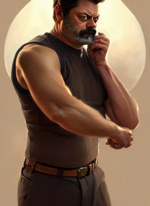 Image similar to portrait of nick offerman, intricate, elegant, muscular! highly detailed, digital painting, artstation, concept art, smooth, sharp focus, illustration, art by artgerm and greg rutkowski and alphonse mucha