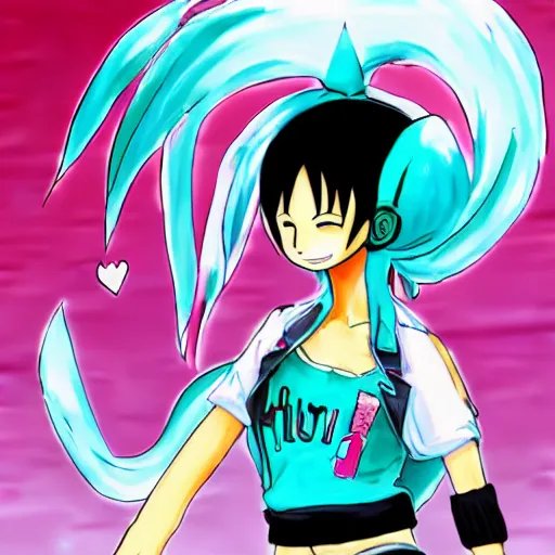 Prompt: luffy cosplay as hatsune miku, digital art