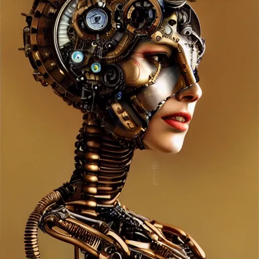 Prompt: ultra realistic painting of half woman half robot in steampunk style. highly detailed. elegant, centered, fine details