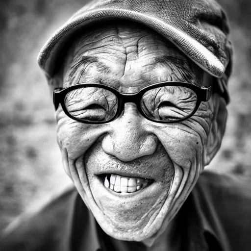 Image similar to a character portrait photo of a smiling old japanese man, hopeful, flickr contest winner, neo-expressionism, art photography, industrial background, hyperrealism, chiaroscuro, anamorphic lens flare, elegant, shallow depth of field, haze, volumetric lighting, low-contrast, colors, photo taken with provia, 24mm, f1.8, by Filip Hodas, by Andrew Domachowski