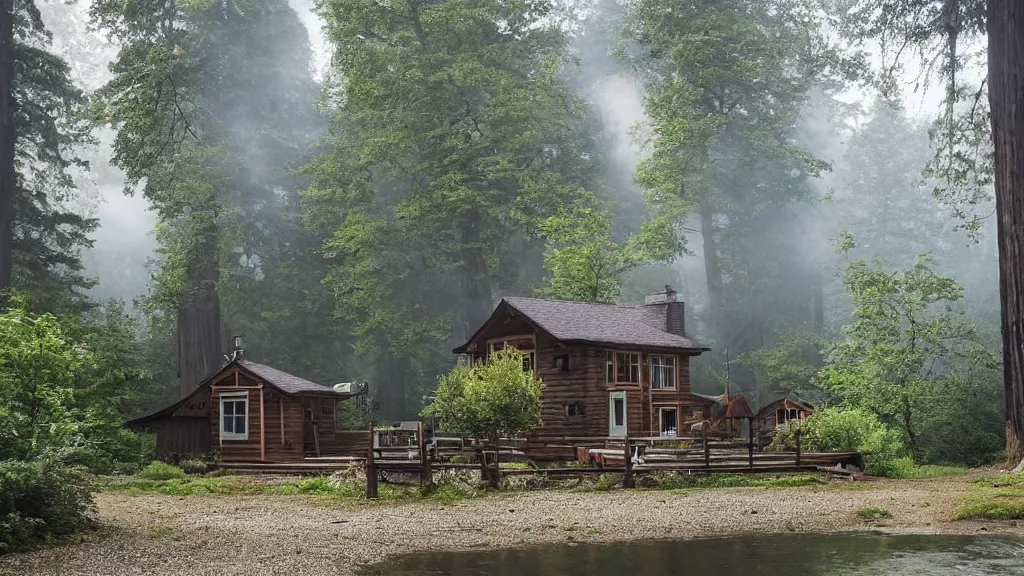 Image similar to small wooden cottage in the forest, chairs the porch, smoke coming out of the chimney, dusk, redwood trees, peaceful, river running past the cottage, a wooden rowing boat, galaxy in the night sky