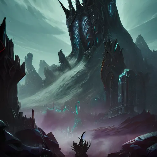 Prompt: The blade of the ruined king, digital illustration, futuristic statues, glow in the dark, ethereal, the void, ominous background, very detailed, stylized, concept art, trending on artstation, high definition, by Riot Games, League of legends
