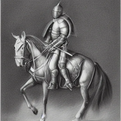 Prompt: a pencil drawing of a knight on a horse