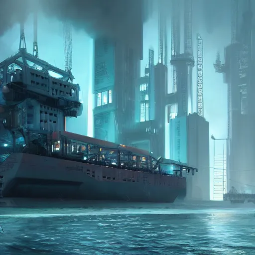 Image similar to Immense industrial futuristic cargo ship arrives at cyber punk city sea port, cinematic lighting, concept art