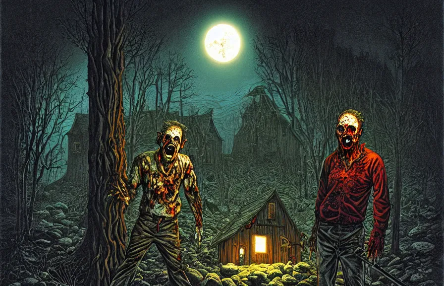 Prompt: horror artwork, a zombie outside a cozy cabin in the mountain, at night, by michael whelan, clean