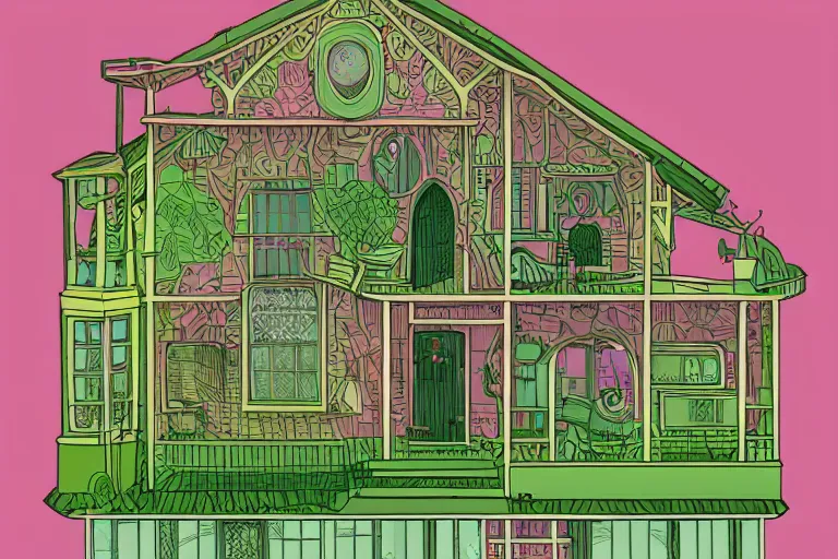 Prompt: a pink and green 2 d illustration of a cross section of a house, a storybook illustration by muti and tim biskup, featured on dribble, arts and crafts movement, behance hd, storybook illustration, dynamic composition