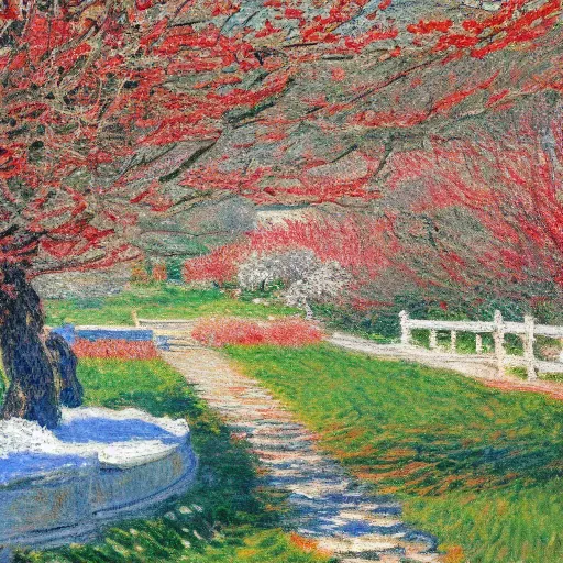 Prompt: Red plum blossoms in the plum garden after snow, Monet painted