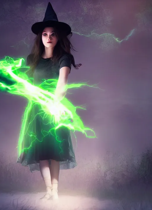 Image similar to A beautiful young witch with glowing green eyes holds a ball lightning in her hands, realistic digital art, dramatic lighting
