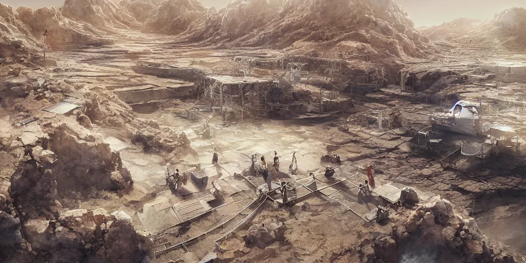 Image similar to perspective view cartoon manga anime render of a bioremediation white architecture in the mining tailing in the desert, smooth, rossdraws, norman rockwell, emiliano ponzi, epic composition, hd, octane, unreal engine, volumetric lighting, light rays, masterpiece, award - winning