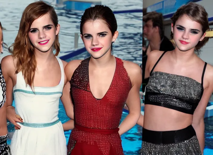 Image similar to emma watson and taylor swift and selena gomez swim together. perfect faces.