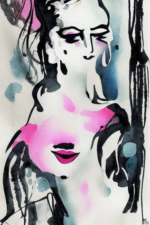 Prompt: the abstract painting of an image of a lady artistic flat illustration by Joshy Frost+Sandra Pelser, creative art, soft colors mono chromatic, black color on white background, watercolor effect