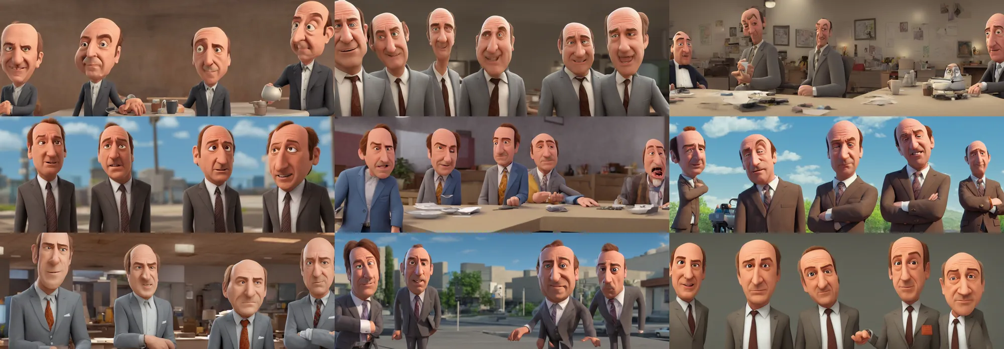 Prompt: a still of saul goodman and mike ehrmantraut in a pixar movie. 3 d rendering. unreal engine. amazing likeness. very detailed. cartoon caricature.