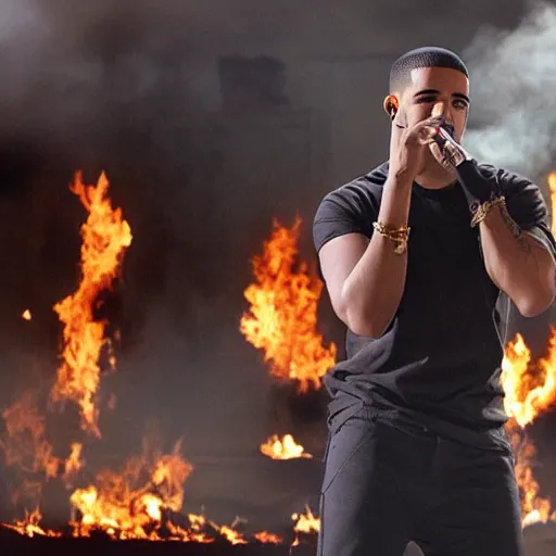 Prompt: drake performing in a burning building, realistic