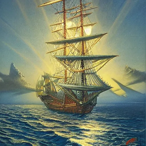 Image similar to A pirate on the high seas that has magical pearlescent shimmering see through sails, painting by David A Hardy