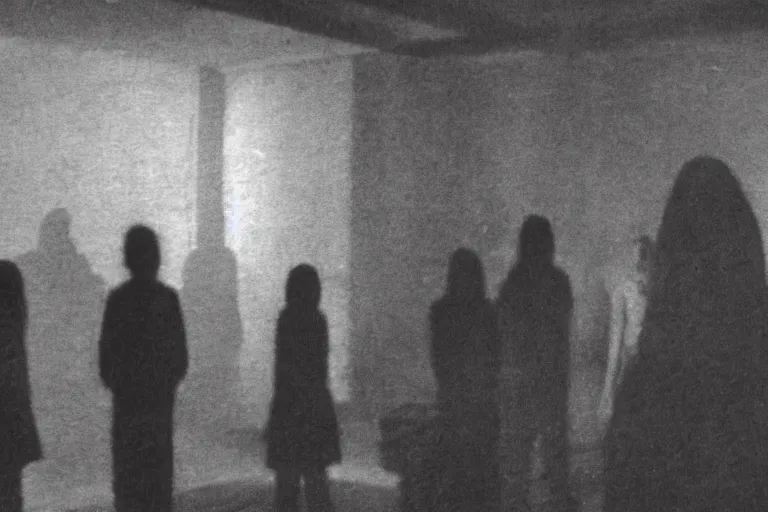 Prompt: found footage of a room of people staring at a live demon, eerie
