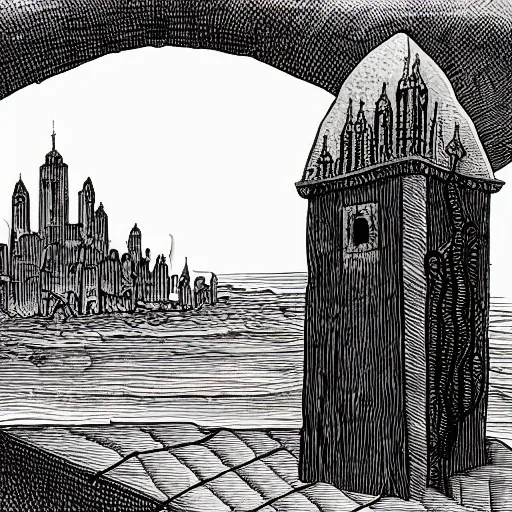 Prompt: A black stone monolith with black tentacles floating above a medieval city. Detailed. High contrast colour scheme