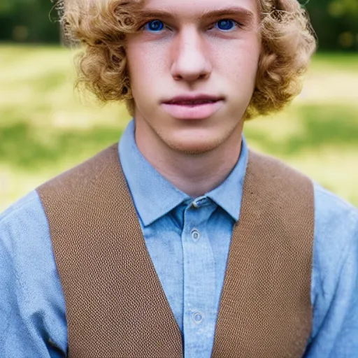 Image similar to close up of 1 8 year old man with wavy / curly light blonde hair, blue eyes, pale complexion, wearing 1 9 5 0 s clothing, 8 5 mm f / 1. 4