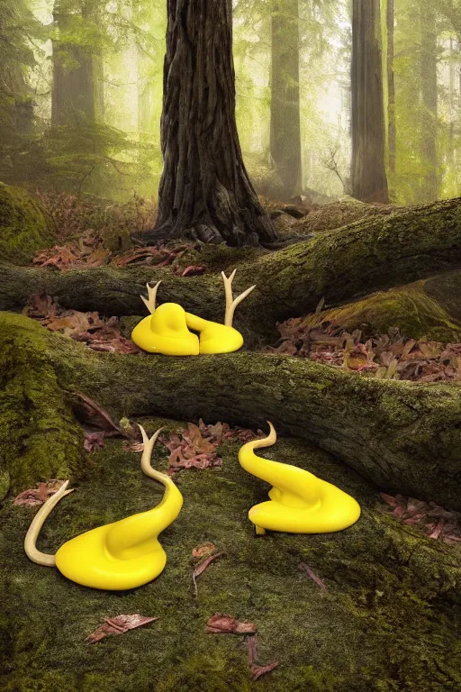 Prompt: A brilliant yellow banana slug with deer antlers, poised magnificently on a tree stump deep in a redwood forest, magical, deep woods, octane render, 8k,realism, natural lighting, digital art, fantasy creature, realistic Trending on artstation, artstationHD, artstationHQ, 4k, 8k