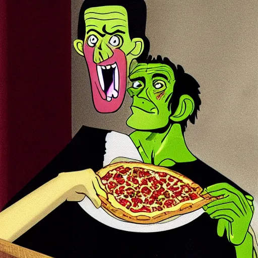 Image similar to frankenstein eating a slice of pizza with his mouth wide open