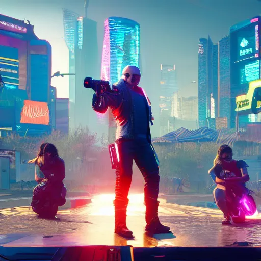 Image similar to Cyberpunk 2077. CP2077. 3840 x 2160. Dancing Festival Hippies