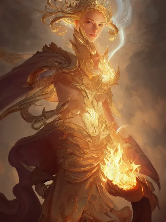 Image similar to powerful summoner with a fire elemental, fantasy, man, intricate, elegant, highly detailed, digital painting, artstation, concept art, wallpaper, smooth, sharp focus, illustration, art by artgerm and greg rutkowski and alphonse mucha