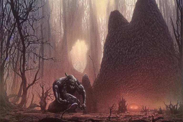 Prompt: large ogre lurking in the shadows of the forest | Wayne Barlowe |