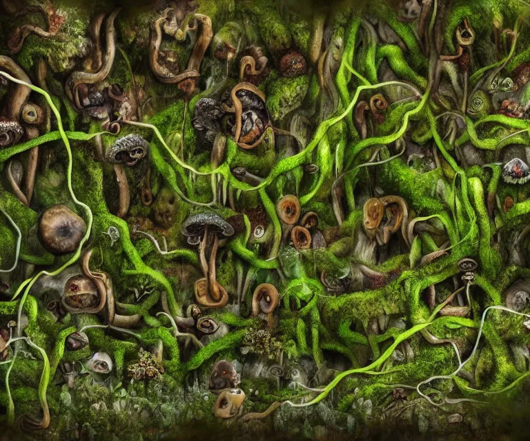 Image similar to a forest made of mold, mushrooms, moss, and vines in the style of anti - art trending on artstation deviantart pinterest detailed high resolution hd 8 k