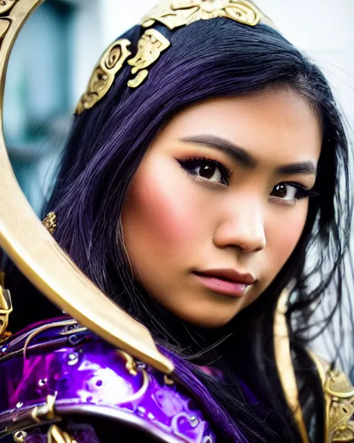 Image similar to a beautiful close up photo of a Filipina female with long hair and purple eyes, no helmet, wearing leather and gold futuristic steampunk armor, with ornate rune carvings and glowing lining, very detailed, shot in canon 50mm f/1.2