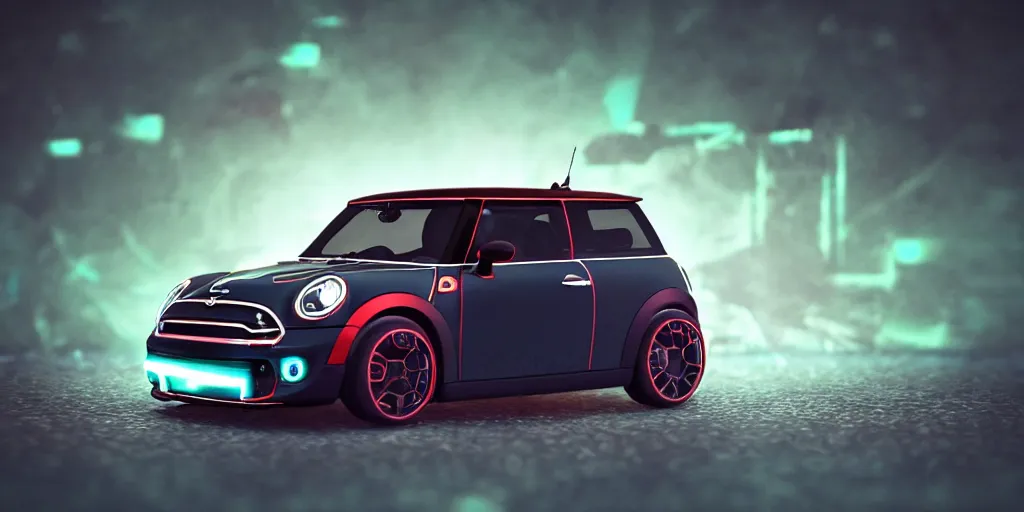 Prompt: sci - fi flying mini cooper made from dark glass and plastic surfaces with neon kanji decals in the style of bladerunner, side lights, studio lighting, octane render, background a grass at sunset in a valley