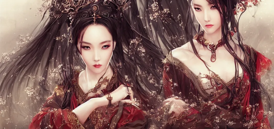 Prompt: a beautiful woman, wuxia, artgerm, elegant, chinese kingdom princess, concept art, gothic cathedral ， highly detailed, artstation, behance, deviantart, by wlop, ayami kojima, trending ，