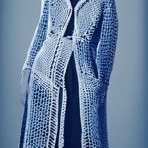 Image similar to fashion 2 0 5 0 fantastic openwork long coat with intricate pattern on a beautiful symmetrical girl with blue hair, hyper realistic photos