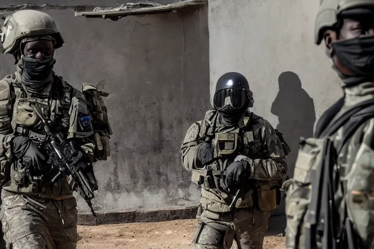 Image similar to Mercenary Special Forces soldiers in grey uniforms with black armored vest and black helmets in urban warfare in Africa 2022, Canon EOS R3, f/1.4, ISO 200, 1/160s, 8K, RAW, unedited, symmetrical balance, in-frame, combat photography