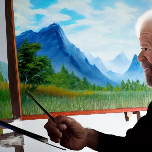 Image similar to a closeup photorealistic photograph of bob ross working on a canvas painting of spiderman. film still. brightly lit scene. mountains and trees. this 4 k hd image is trending on artstation, featured on behance, well - rendered, extra crisp, features intricate detail, epic composition and the style of unreal engine.