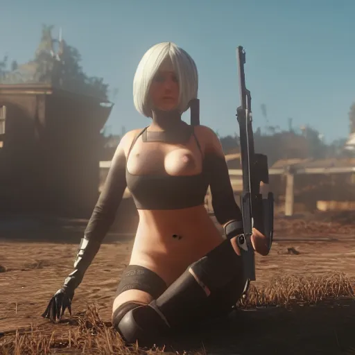 Image similar to Film still of 2B nier automata in Red Dead Redemption 2 (2018 video game), medium full shot, detailed skin and thick thighs, artstation, artstation hq, hd, 4k