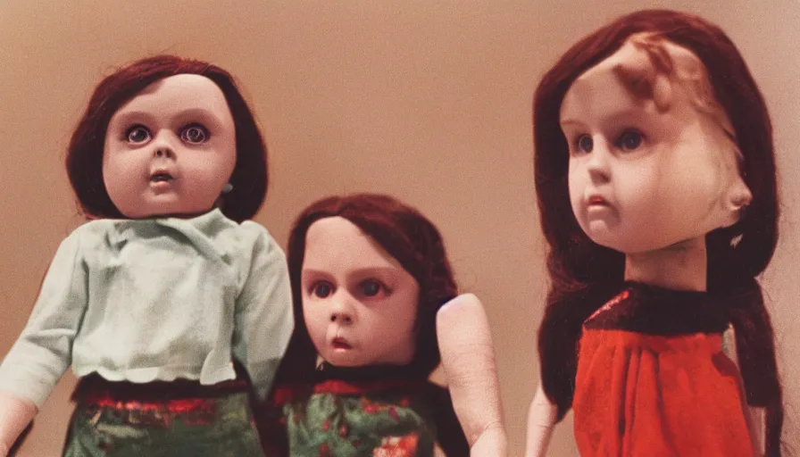 Image similar to 7 0 s film still from a horror movie about midcentury old dolls, kodachrome, cinecolor, cinestill, film grain, film texture, retro, cinematic, high resolution, photorealism,