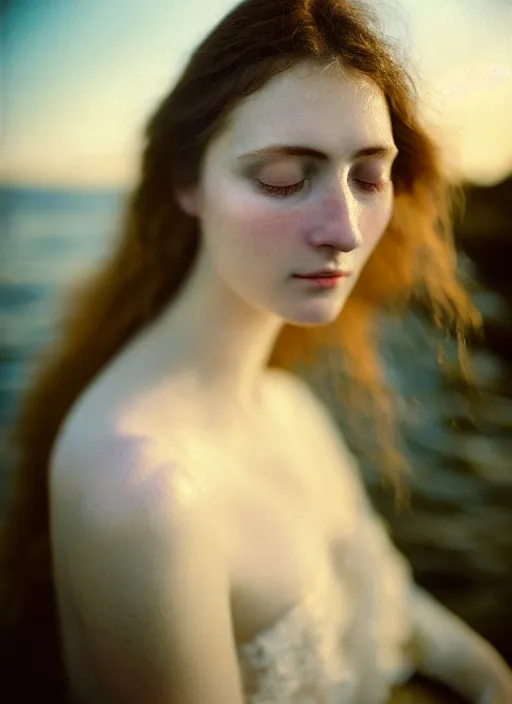Image similar to Kodak Portra 400, 8K, soft light, volumetric lighting, highly detailed, sharp focus,britt marling style 3/4, Close-up portrait photography of a beautiful woman how pre-Raphaelites a woman with her eyes closed is surrounded by water +symmetrical frontal top view face, with the nape in the water. a beautiful lace dress and hair are intricate with highly detailed realistic beautiful flowers , Realistic, Refined, Highly Detailed, natural outdoor soft pastel lighting colors scheme, outdoor fine art photography, Hyper realistic, photo realistic