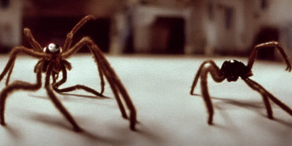 Image similar to filmic extreme closeup dutch angle movie still 4k UHD interior 35mm film color photograph of a detached human head with spider legs protruding out of it crawling acrosss he floor, in the style of a horror film The Thing 1982