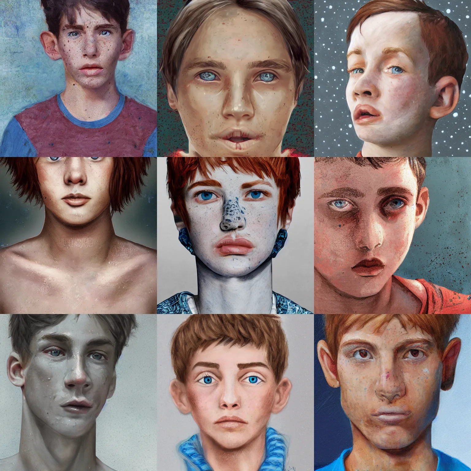 Prompt: face portrait of a thin teen boy with short red hair, a lot of freckles, blue eyes, a long nose, freckles, highly detailed, digital art